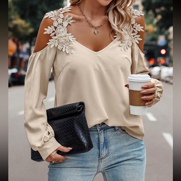 Boho floral applique cold shoulder blouse - Picture 6 of 15